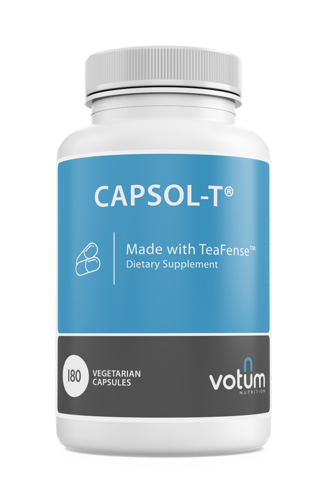 Bottle of Capsol-T® antioxidant supplement by Votum Nutrition, formulated with green tea extract and capsicum to support cellular health.