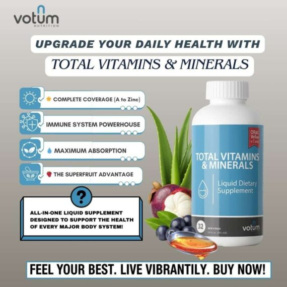 Daily liquid multivitamin and mineral supplement for adults by Votum Nutrition. This fast-absorbing natural health formula supports immune defense and energy levels with a potent blend of antioxidants and vitamins
